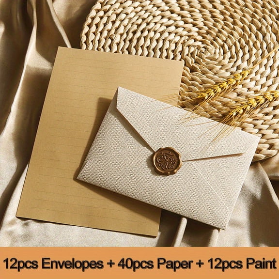 64pcs Elegant Linen Envelopes Set - 12 Envelopes, 40 Vintage Paper & 12 Wax Seal Closure for Customized Gifts, DIY Invitations & Office Correspondence - Envelope Kit for Wedding, Holidays, Graduation