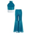 thumbnail image 4 of SiiRoh Kids Girls 70s Disco Jazz Dance Outfits Shiny Sequin Halter Crop Top with Flare Pants Stage Performance Light Blue 6, 4 of 7