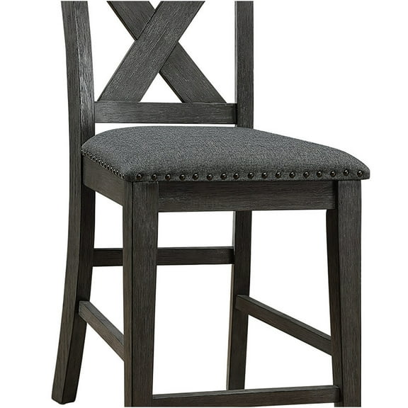 JERFIT Modern X-Back Counter Height Dining Chairs, Set of 2, Gray Wash Solid Wood, Upholstered Cushion Seat, Industrial Style Counter Stools for Kitchen Island, Breakfast Bar