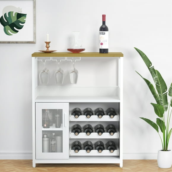 EcoSummer 3-Tier Wine Bar Cabinet with Storage, Wine Rack & Glass Holder, Small Liquor Cabinet with Mesh Door, Corner Mini Bar for Kitchen, Dining Room, Living Room,White
