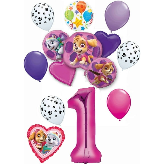 Paw Patrol Party Supplies Skye and Everest Pups 1st Birthday Balloon Bouquet Decorations Pink Number 1