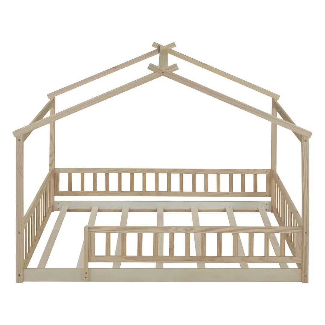 Full Size Montessori Bed for Kids, Wood Floor Bed Frame, House Bed Frame with Fence & Roof, Solid Wood Playhouse Bed for Girls Boys Teens, Natural