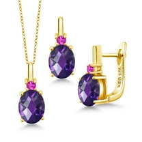Gem Stone King 4.55 Ct Oval Checkerboard Purple Amethyst Pink Sapphire 18K Yellow Gold Plated Silver Pendant and Earrings Jewelry Set