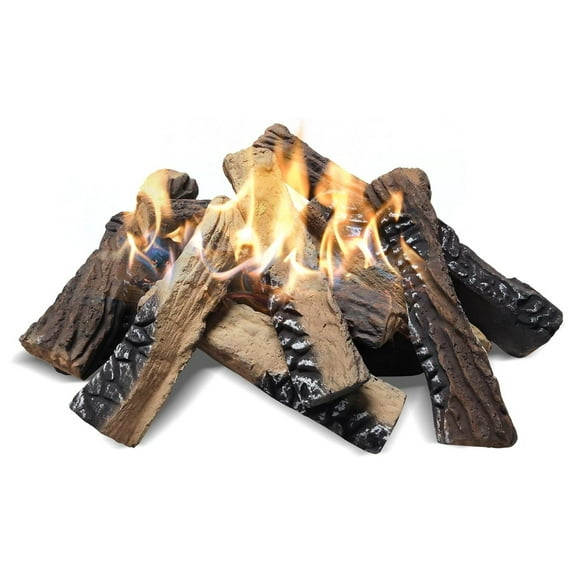 Large Ceramic Gas Fireplace Logs - Set of 10 Artificial Realistic Firewood for Indoor Outdoor Firepit, Ventless & Vent Free