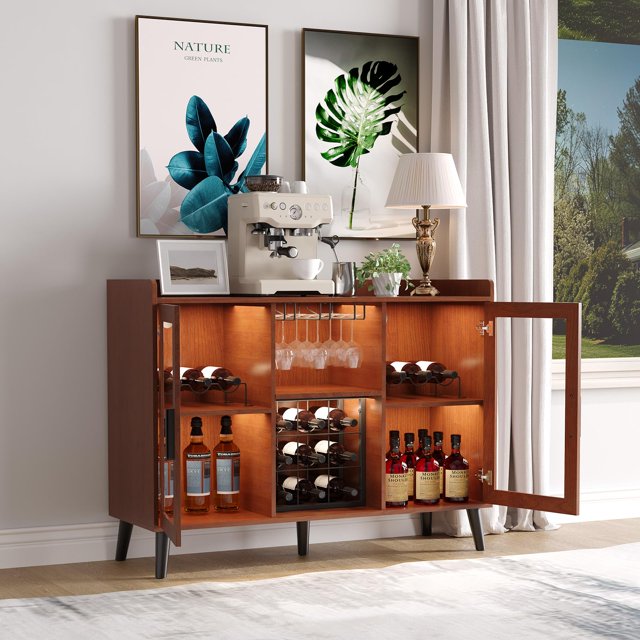 BeesClover Wine Bar Cabinet with LED Light, Liquor Cabinet Coffee Bar Kitchen Buffet Sideboard Storage with Wine Rack and Glass Holder for Home Living Room Dining Room