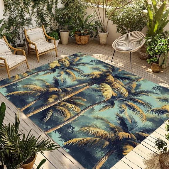 Fsddascl Summer Palm Tree Outdoor Rug for Patio/Deck/Porch, Non-Slip Large Area Rug 4 x 6 Ft, Farmhouse Nature Tropical Plant Leaves Indoor Outdoor Rugs Washable Area Rugs, Camping Rug Carpet