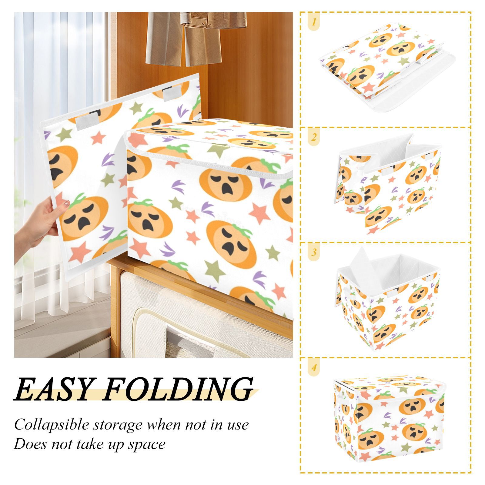Halloween pumpkins stars pattern Large Storage Bins with Linen Collapsible Foldable Storage Cubes Fabric Closet Organizer Containers box with Flip-Top