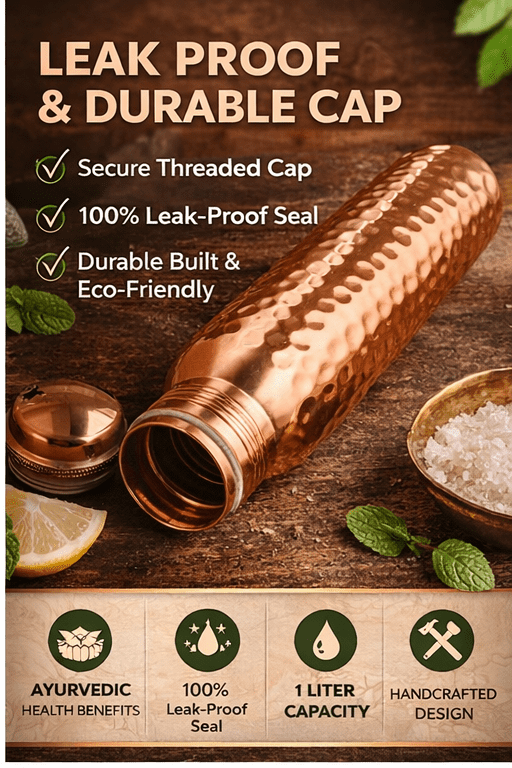 Mayur Exports 100% Pure Copper Water Bottle 1 Liter – Hammered Design, Leak Proof Cap, Ayurvedic Health Benefits, Reusable Metal Drinking Bottle for Home, Office & Travel