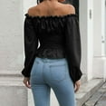 thumbnail image 4 of Yzengfg Women's Solid Color Front Tie Sleeve Off Shoulder Waist Short Chiffon Top Long Sleeve Blouse Black, 4 of 4