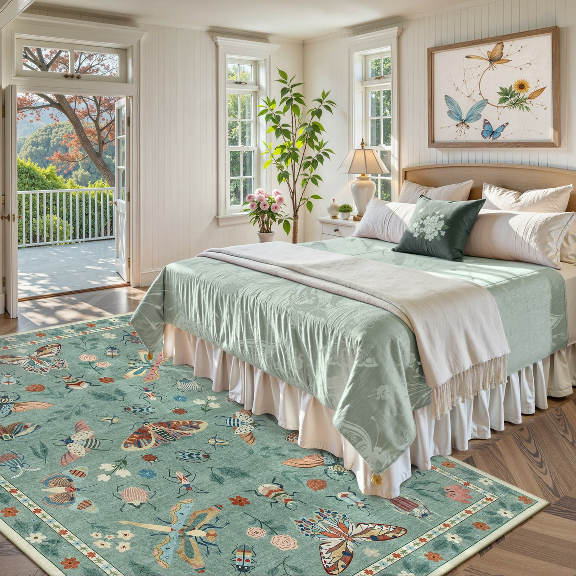 Moynesa Insect 5'x7' Area Rugs Washable Rug for Living Room Soft Natural Bedroom Rug Bug Accent Carpet for Dining Room Nursery Office Stain Resistant Non Slip, Light Green