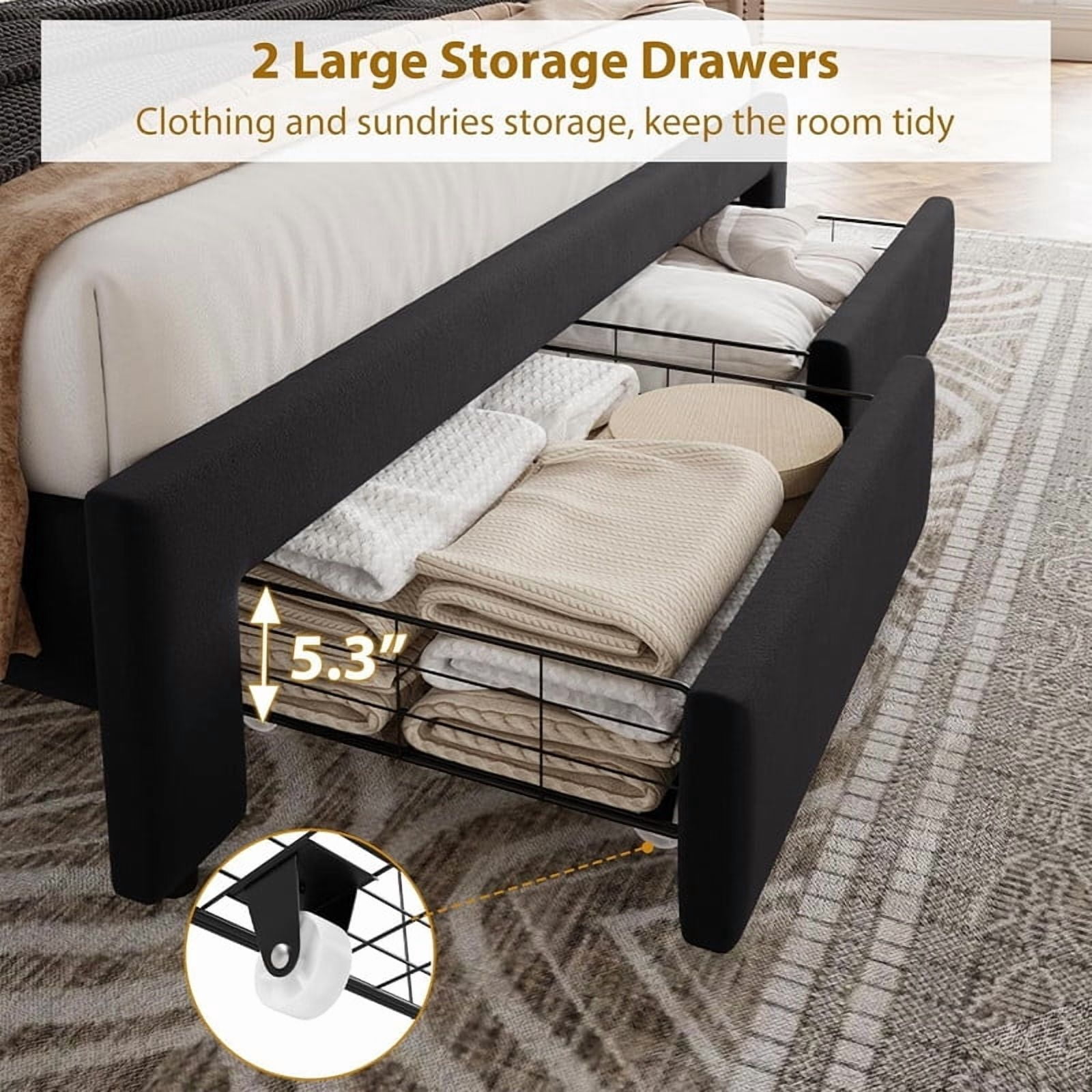 Towallmark Queen Size Bed Frame with 2 Storage Drawers, Vintage Velvet Upholstered Bedframe with Wooden Slat Support and Button Tufted Wingback Headboard, No Box Spring Needed, Noise Free, Black