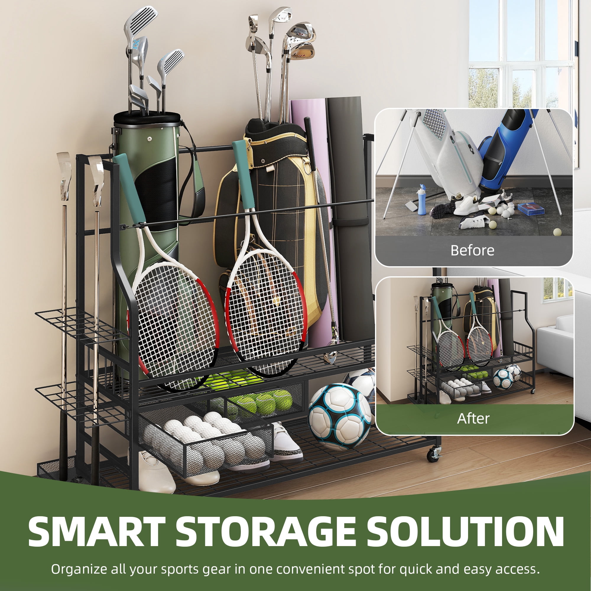 Uforic 4-Bag Golf Storage Rack with Wheels and Lockable Drawers