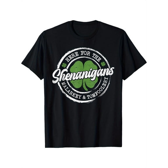 Here for The Shenanigans St. Patrick's Day T-Shirt for Men & Women - Black Cotton Casual Tee with Shamrock Design, Round Neck Short Sleeve Shirt