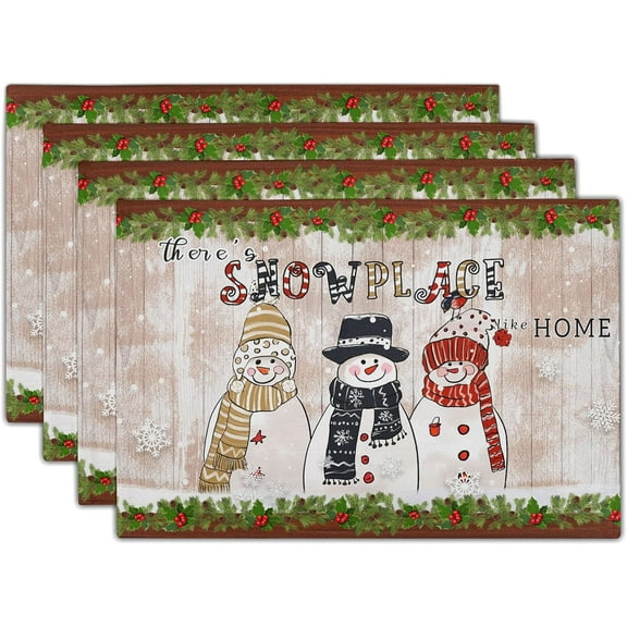 Winter Snowman Placemats Set of 4, Snowflake Pine Cone Place Table Mats Farmhouse Heat Resistant Place Mats 12x18 Inch for Christmas Holiday Decorative Party Dining Table