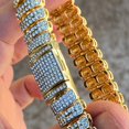 thumbnail image 3 of Mens 14K Gold Plated Hip Hop Bracelet Micro Pave Iced Box Lock Bling Out 8.5" Inch x 15MM Thick, 3 of 11