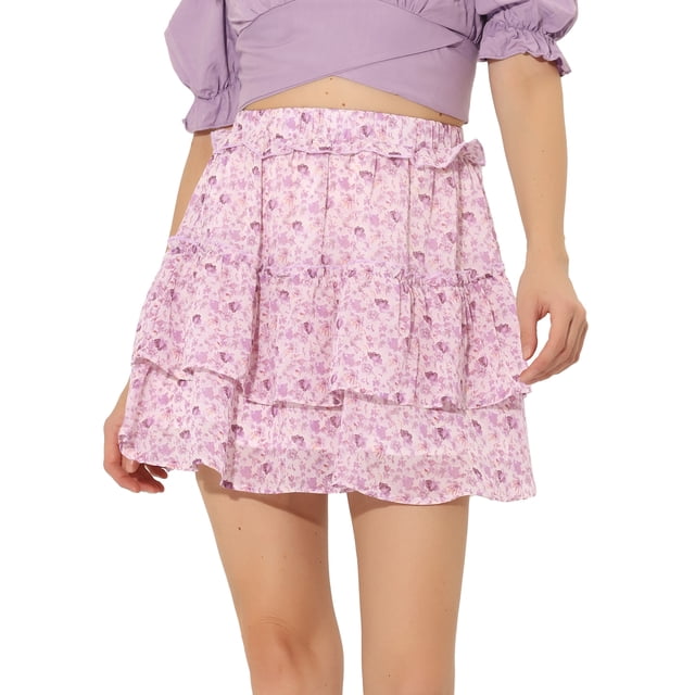 Minifalda Floral Tipo Patinadora Con Cintura Elástica Y Dobladillo Con Volantes En Capas Para Mujer Púrpura S