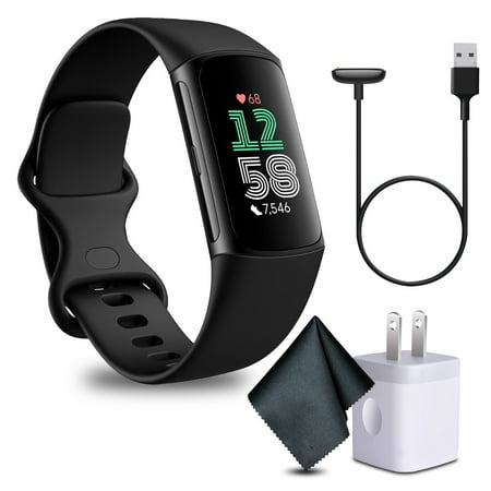 Fitbit Charge 6 Fitness Tracker Smartwatch with Heart Rate, GPS, Health Tools and More - Obsidian/Black Bundle with Cleaning Cloth and Charger