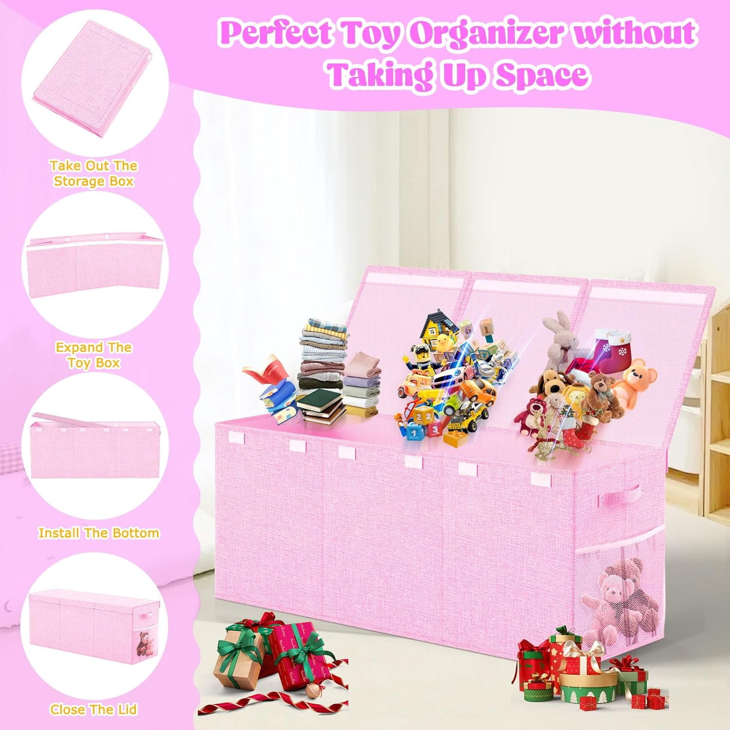Extra Large Toy Box Toddlers Chest with Lids, Collapsible Sturdy Toy Storage Organizer, Kids Bin Boxes Storage Basket for Boys, Girls, Nursery, Living Room, Playroom, 40"x14"x16" (Pink)