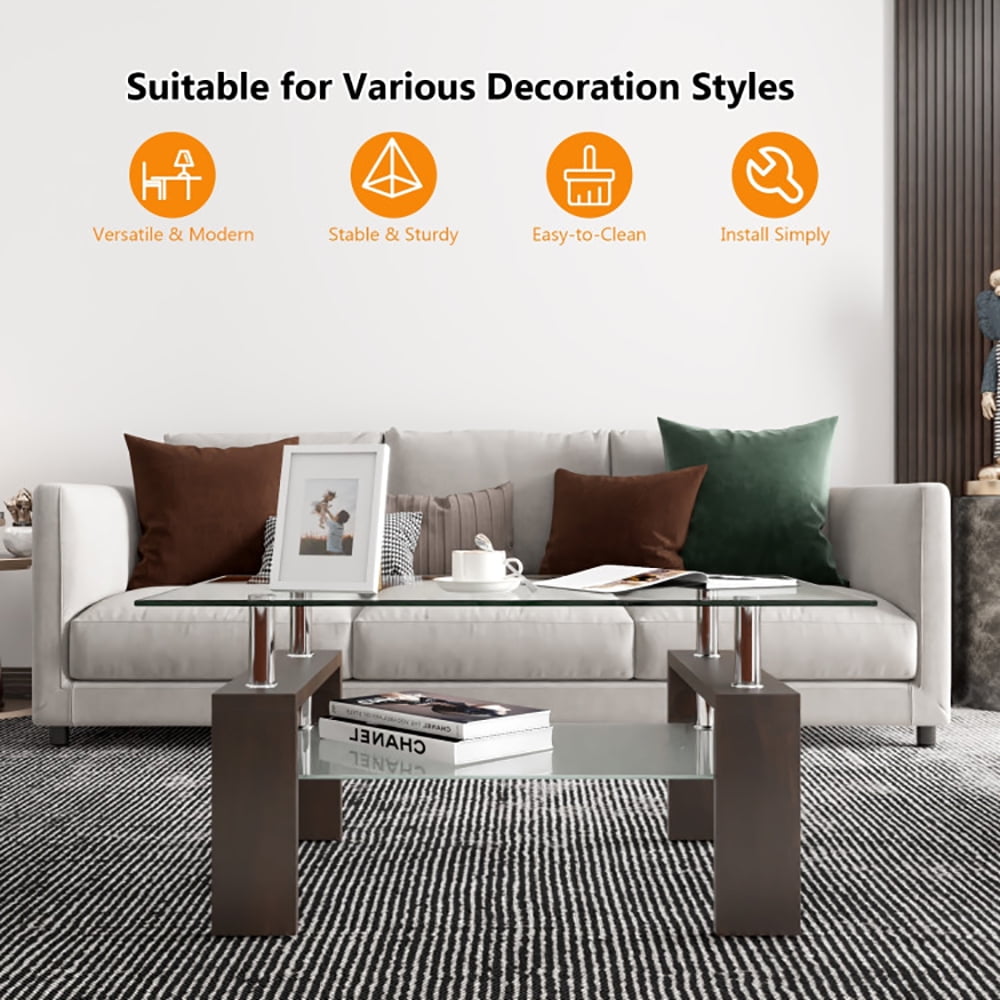 Finihen Glass Coffee Table, Rectangular Coffee Table, Rectangular Tempered Glass Coffee Table with Shelf, for Living Room, Reception Room, Brown Finihen Glass Coffee Table, Rectangular Coffee Table, Rectangular Tempered Glass Coffee Table with Shelf, for Living Room, Reception Room, Brown