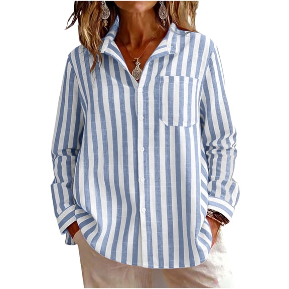 Alkepwun Long Sleeve Shirts for Women Oversized Button Down Collared Blouses with Pocket Casual Loose Striped Collared Office Tops Beach Vacation Outfit