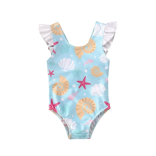 Fortune Maillot une Pièce pour Bébé Fille Sans Manches à Volants à Imprimé Coquillage