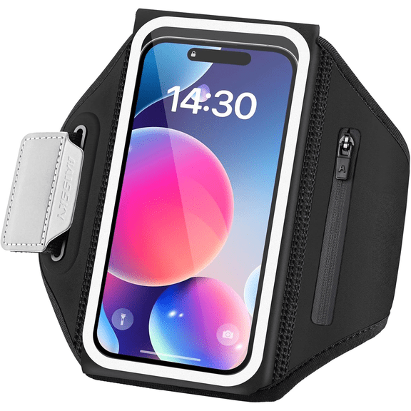 Running Armband with Earphone Bag Cell Phone Armband for iPhone 17 16 15 Pro 14 Plus 13 11 XR, Galaxy S24/S10 Water Resistant Sports Phone Holder Case & Zipper Slot Car Key Holder for 6.9 inch Phone
