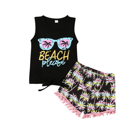 

Canrulo Toddler Baby Girls Tassel Clothes Beach Seaside Vest Tank Tops Coconut Tree Shorts Infant Summer Outfits Black 1-2 Years