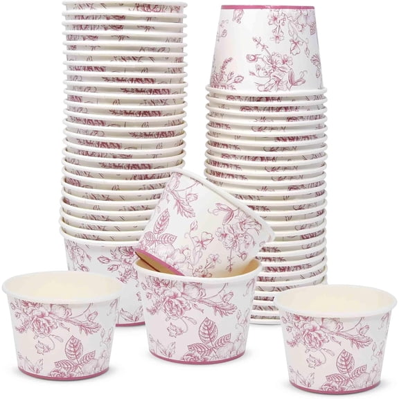 48 Pack Pink Chinoiserie Floral Treat Snack Cups 10oz Disposable Paper Cup Frozen Ices Dessert Bowls Spring Flowers for Birthday Party Supplies
