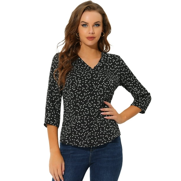 Blusa de oficina vintage Allegra K con botones de manga 3/4 y lunares Negro XS