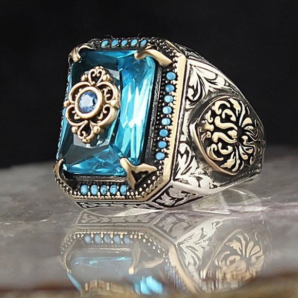Engraved Stainless Steel Mens Ring Blue Synthetic Aquamarine Cubic Zirconia Gold Color Luxury,size-7