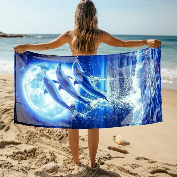Oversized Terry Beach Towel  Soft Extra Large Big Pool Swim Towels for Adult  Clearance Big Blanket Cruise Vacation Accessories Essentials Lounge Chair Cover Blue Three Dolphin
