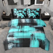 Manfei Modern Abstract Art 7-Piece Bedding Comforter Set,Contemporary Brush Design King Bedding Sets,Cyan Black Bed Sheets For Girls,Breathable Home Decor Reversible