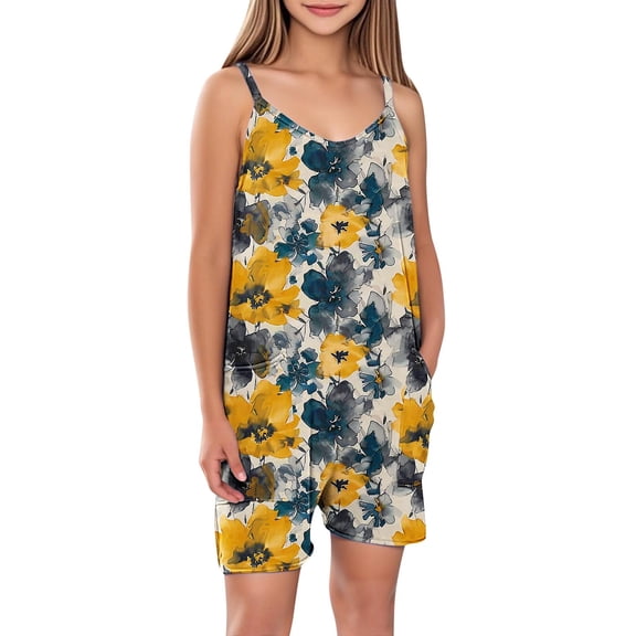 Fengqque Girls' Summer Sleeveless Romper - Spaghetti Straps, Shorts, Pockets, Easy & Stylish for Beach Trips