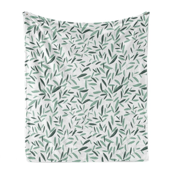 Sage Soft Flannel Fleece Blanket, Pattern with Leaves Environment Nature Simplicity Summer Spring Plants Garden, Cozy Plush for Indoor and Outdoor Use, 50" x 60", Reseda Green White, by Ambesonne