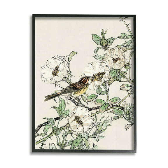 Stupell Industries Delicate Bird & Blossoms Botanical & Floral Painting Black Framed Art Print Wall Art, 11 x 14