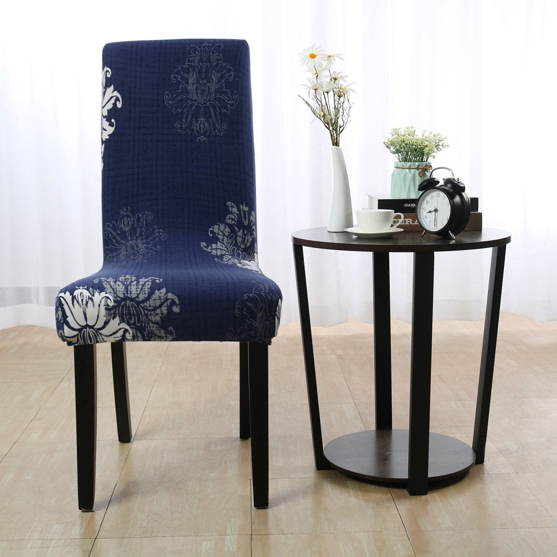 Unique Bargains Stretch Floral Print Dining Chair Cover Navy Blue and White M