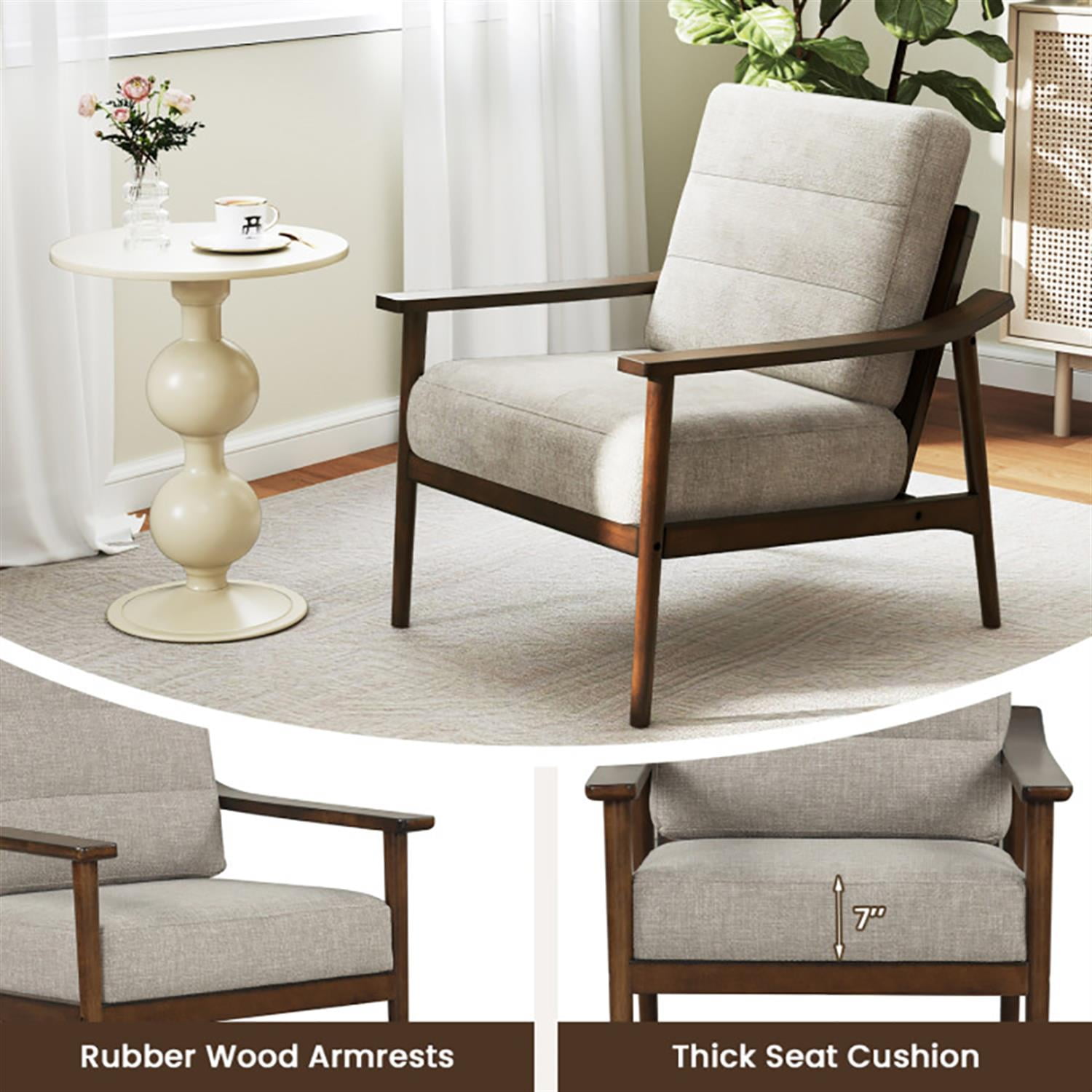 Demi Bonn Modern Accent Chair, Elegant Armchair with Rubber Wood Armrests and Legs, Suitable for Living Room Bedroom Reception Room Office, Brown