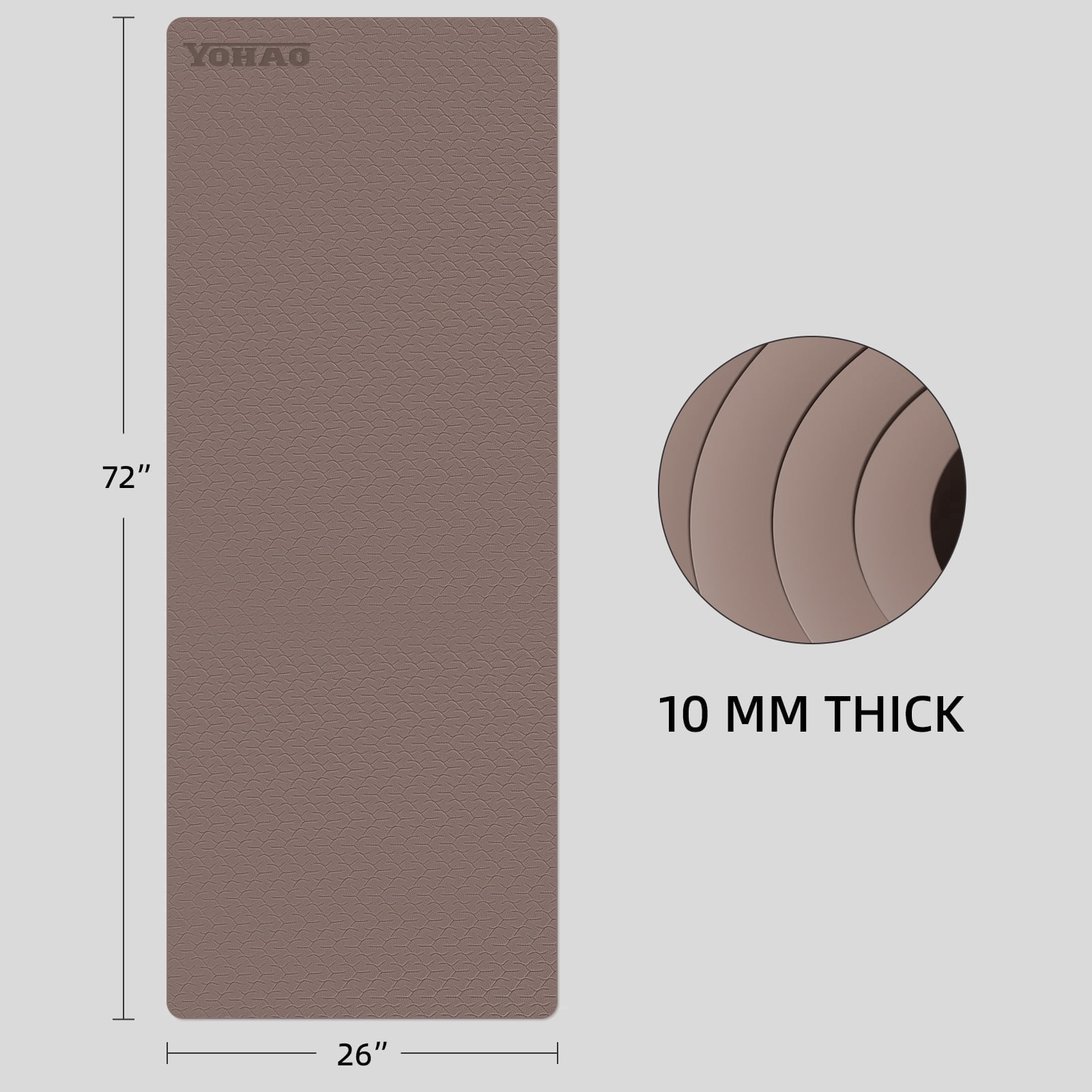 YOHAO Yoga Mat 10mm Thick,72"×26",Non-Slip Eco TPE,Strap included for Travel,Pilates and Fitness Workout(Dark Blown)