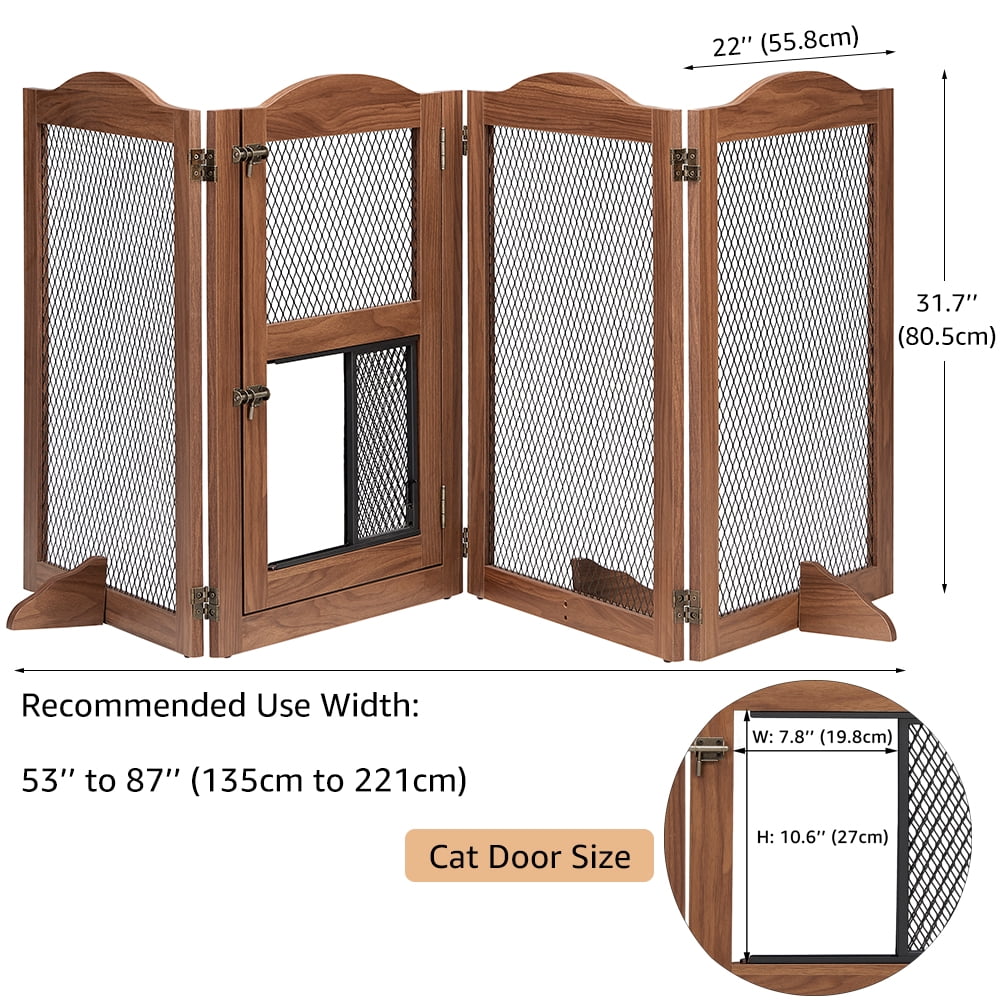 Unipaws Freestanding Pet Gate with Small Cat Door, Wooden Dog Gates with 3 Support Feet, Walnut