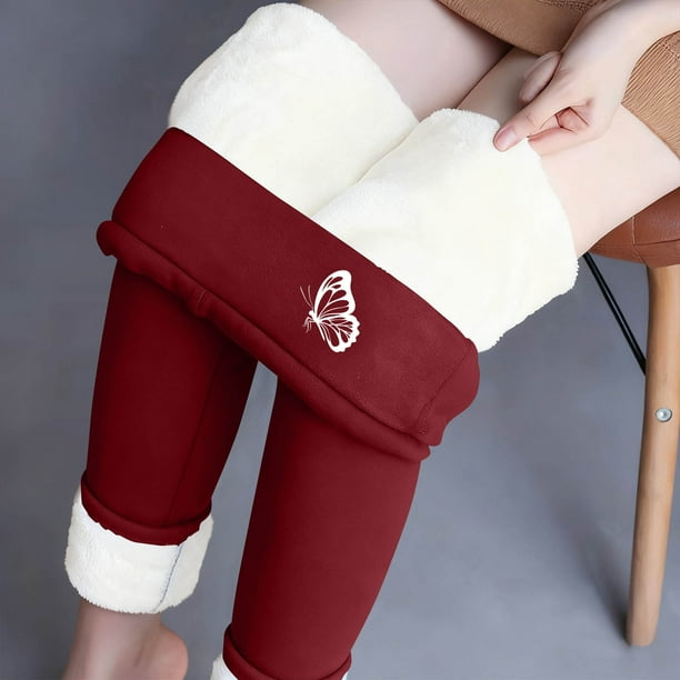 Leggings de lana de cordero gruesa para mujer, pantalones largos con estampado pequeño y forro polar añadido, pantalones de poliéster para mujer