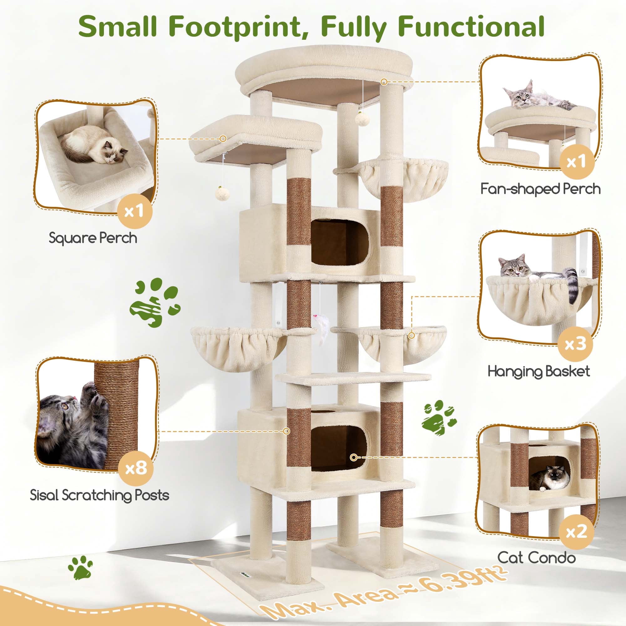 Globlazer 84" Large Corner Cat Tree , Multi-Level Cat Tree Fan-Shaped Tower with 2 Condos, Sisal Scratching Posts & Hammock, Beige