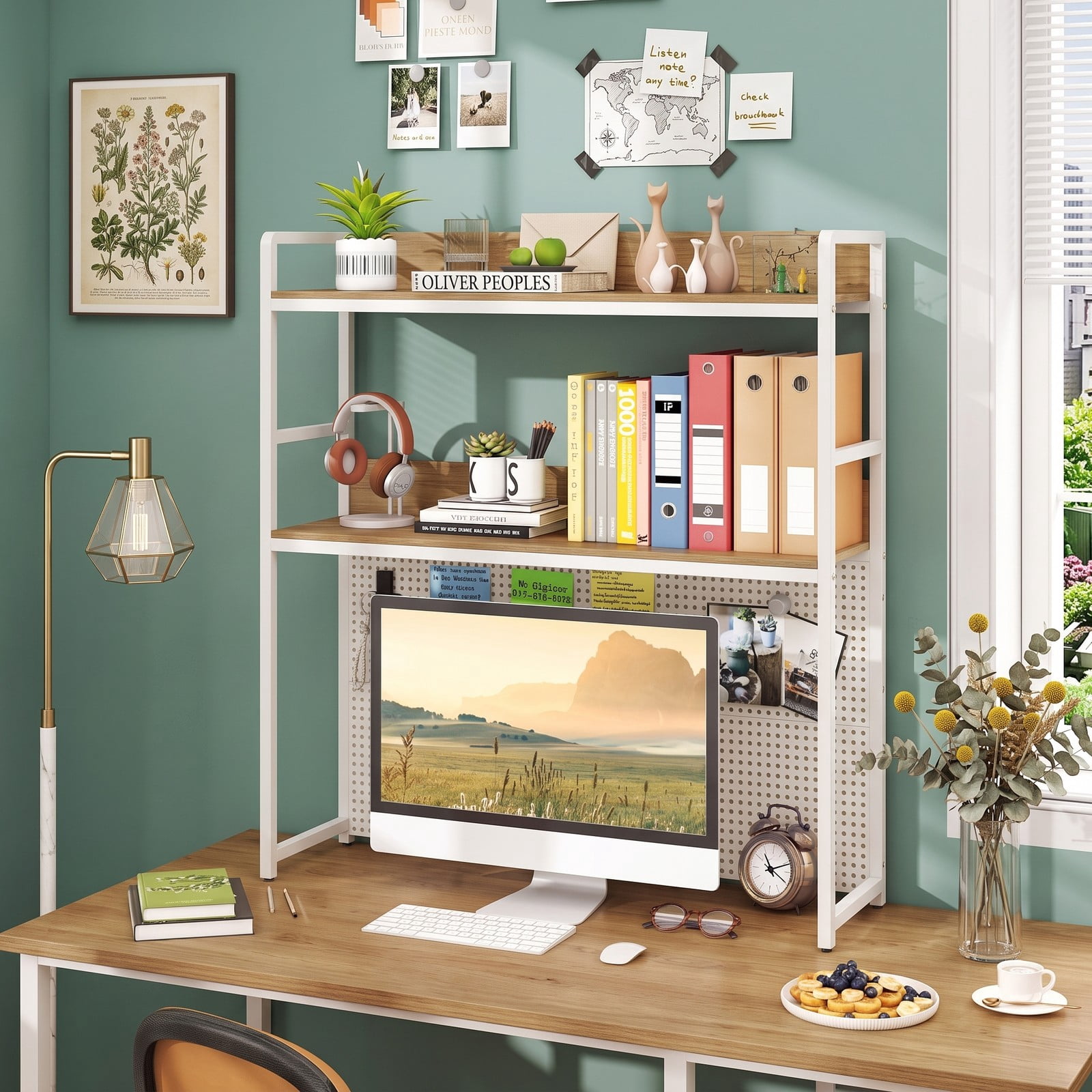 Furnibear 2-Tier Desktop Bookshelf with Metal Pegboard, Monitor Stand Riser Desk Organizer Shelf for Home Office up to 32 Inch Screen, Natural
