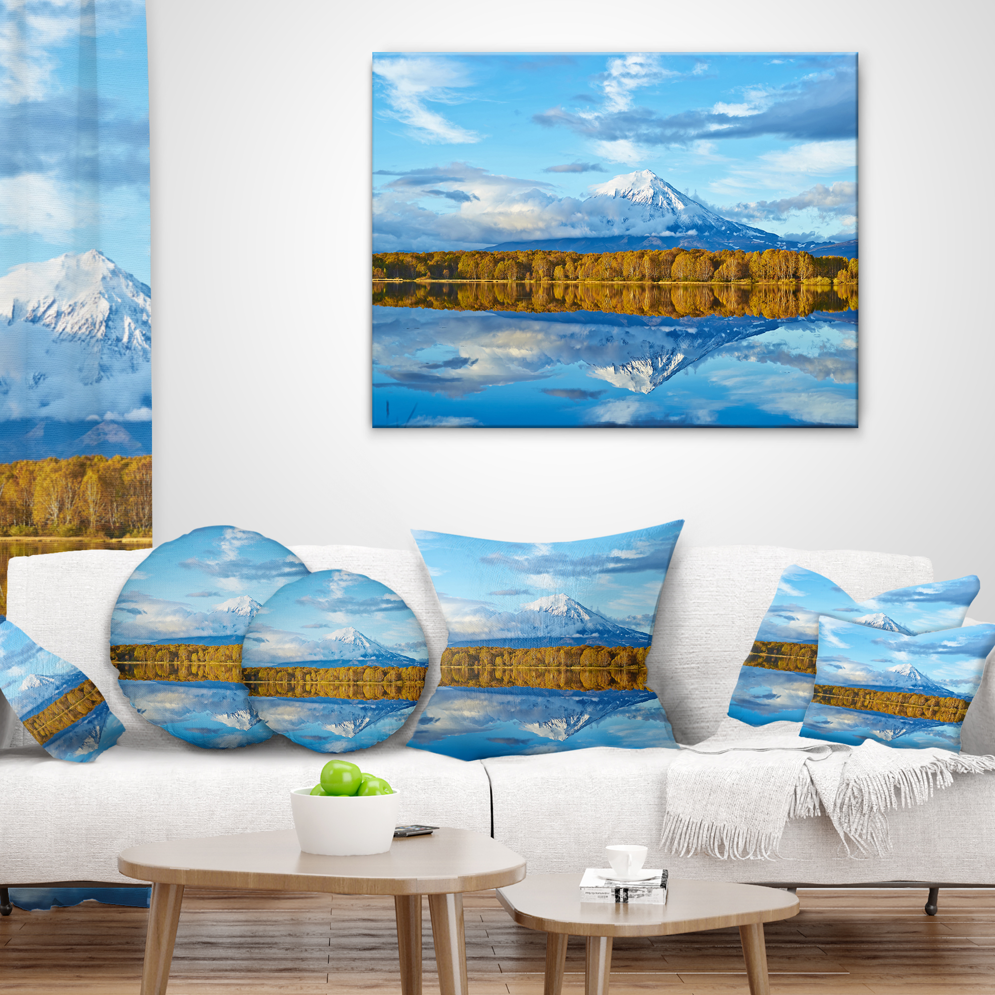Designart Ancient Volcano and Lake Panorama - Landscape Printed Throw Pillow - 18x18