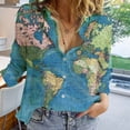 thumbnail image 2 of Spring Tops for Women World Casual Lapel Top Loose Map Sleeve Long Button Print Shirt Womens Shirts Sky Blue L, 2 of 6