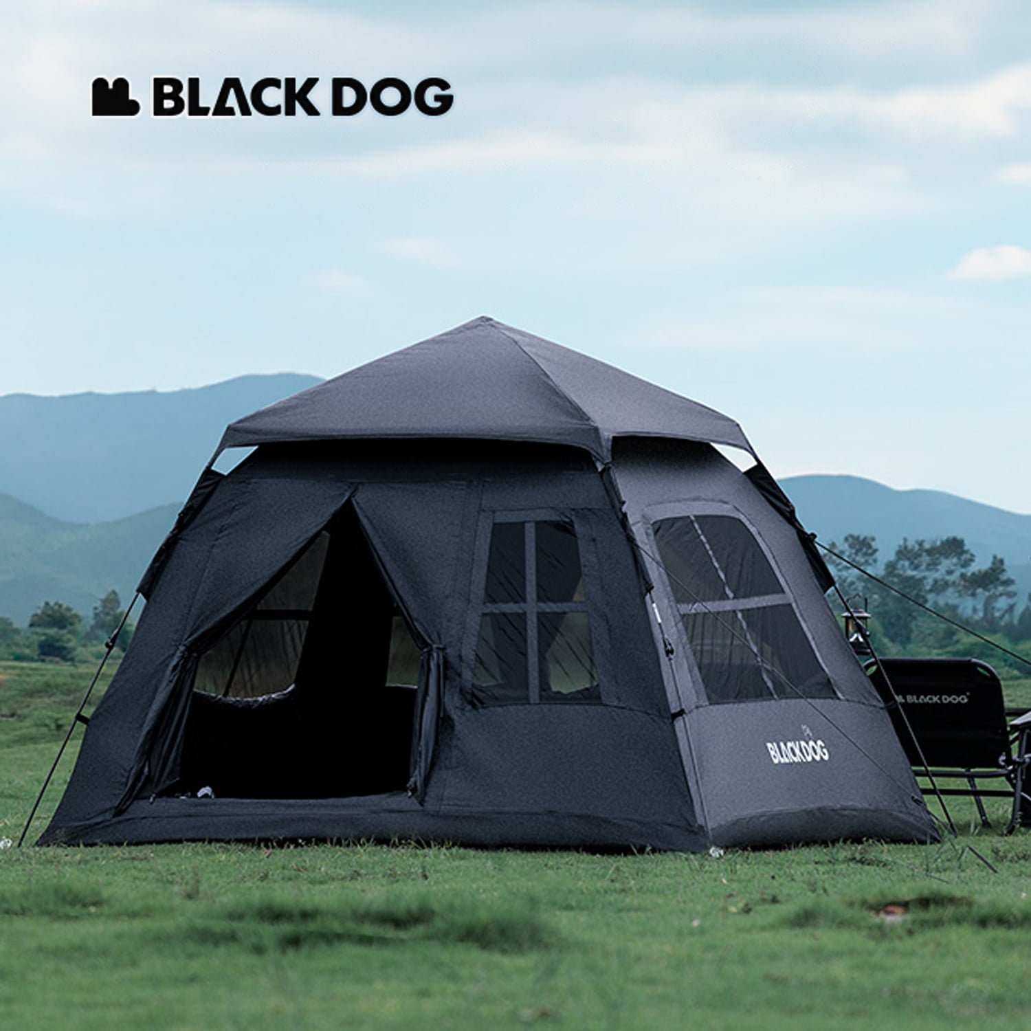 BLACKDOG, Family Camping Tent, Automatic Quick-opening Black Vinyl Coating Tent for 4 people, Easy setup Camping Tent with Two Doors and Four Vent Windows, Waterproof and Sun Protection