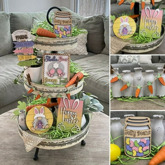 Pisexur Décorations de Pâques - 6 Pcs Décor de Plateau à Étages de Pâques Style Ferme Mini Enseignes en Bois Décorations pour Lapin de Pâques Gnomes Bonbons Carotte Joyeuses Pâques Enseigne Décoration de Fête