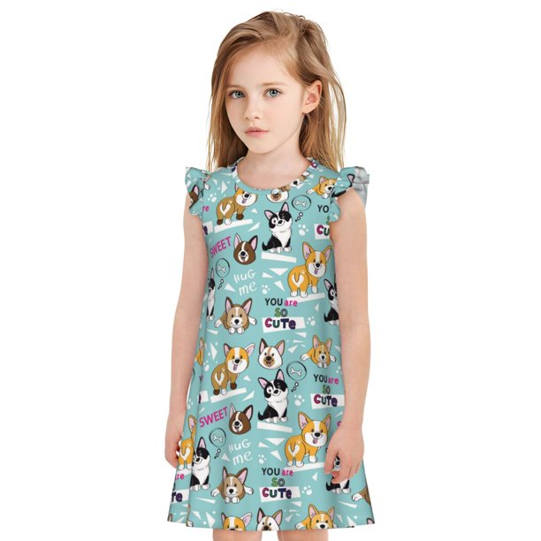 Fotbe Dogs Vestido de Dormir para Niñas de 3 a 10 Años, Mangas Cortas, Estilo Princesa, Pijama Camisón con Mangas Voladas-Small