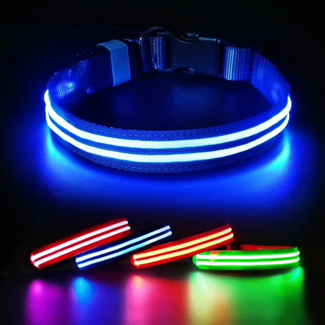Collar para perros recargable con luz LED, collar de seguridad impermeable e intermitente con correa impermeable ajustable para perros pequeños/medianos/grandes, súper brillante, azul L