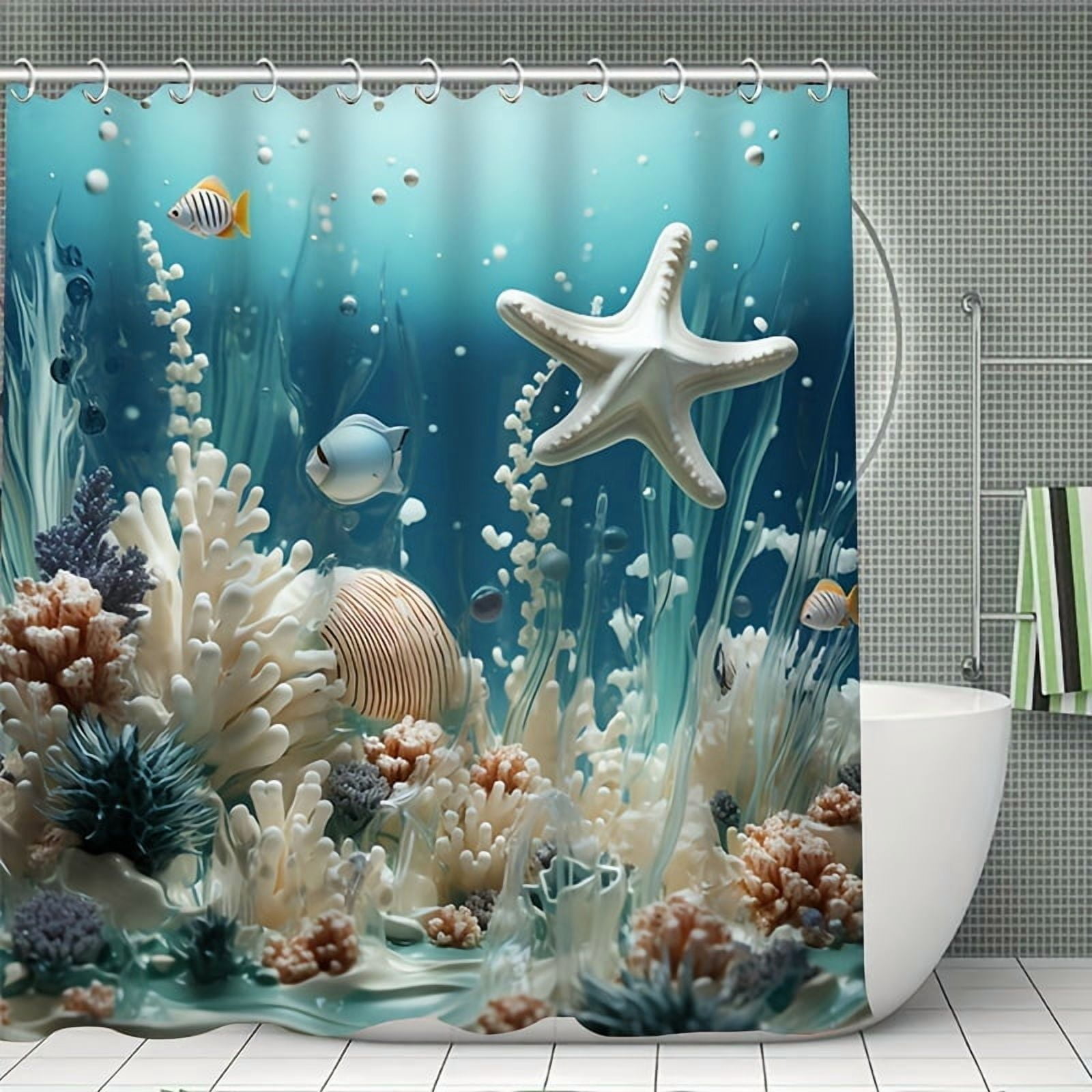 4pcs Ocean Series Blue Coral Shower Curtain Set Decorative Bathroom Set Waterproof Shower Curtain Non slip Floor Mat Toilet Lid Bathroom Mat and 12 Plastic Hooks Bathroom Accessories Home Decor