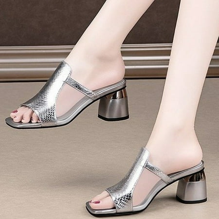 

ãYilirongyummã Silver 39 Sandals Women Ladies Shoes Summer Fashion Solid Color Snake Pattern Hollow Breathable High Heel Heel Sandals